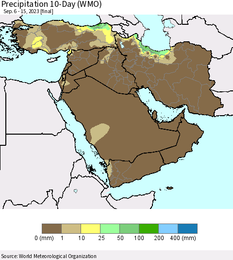 Middle East and Turkey Precipitation 10-Day (WMO) Thematic Map For 9/6/2023 - 9/15/2023