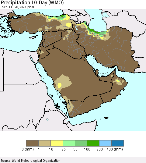 Middle East and Turkey Precipitation 10-Day (WMO) Thematic Map For 9/11/2023 - 9/20/2023