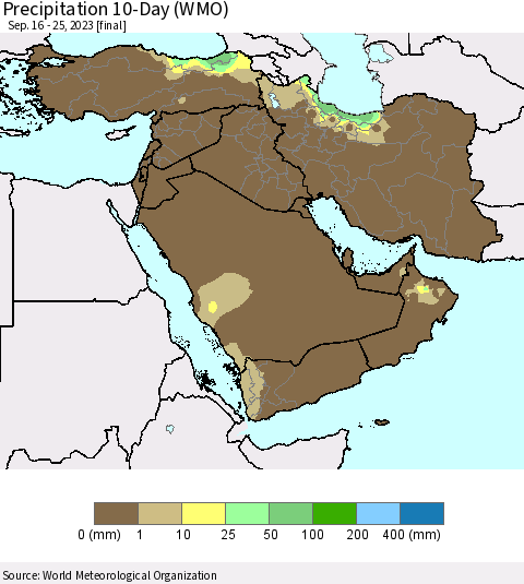 Middle East and Turkey Precipitation 10-Day (WMO) Thematic Map For 9/16/2023 - 9/25/2023