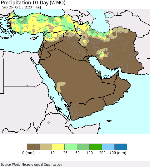 Middle East and Turkey Precipitation 10-Day (WMO) Thematic Map For 9/26/2023 - 10/5/2023