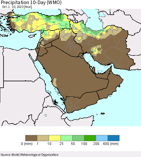 Middle East and Turkey Precipitation 10-Day (WMO) Thematic Map For 10/1/2023 - 10/10/2023