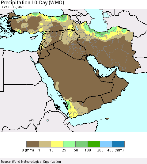 Middle East and Turkey Precipitation 10-Day (WMO) Thematic Map For 10/6/2023 - 10/15/2023