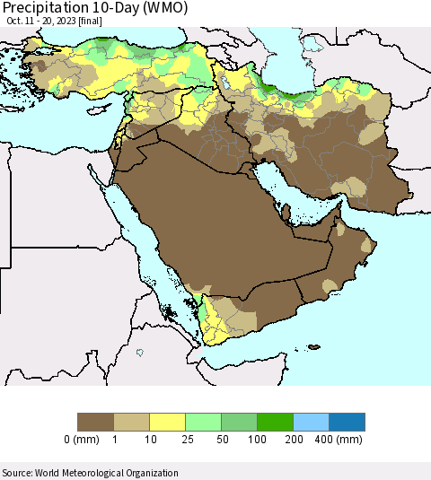 Middle East and Turkey Precipitation 10-Day (WMO) Thematic Map For 10/11/2023 - 10/20/2023