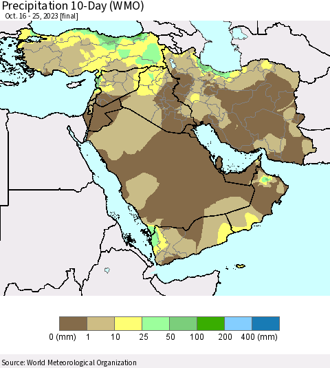Middle East and Turkey Precipitation 10-Day (WMO) Thematic Map For 10/16/2023 - 10/25/2023