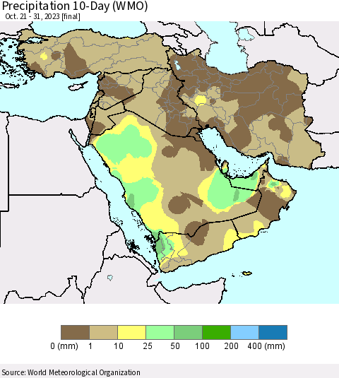 Middle East and Turkey Precipitation 10-Day (WMO) Thematic Map For 10/21/2023 - 10/31/2023