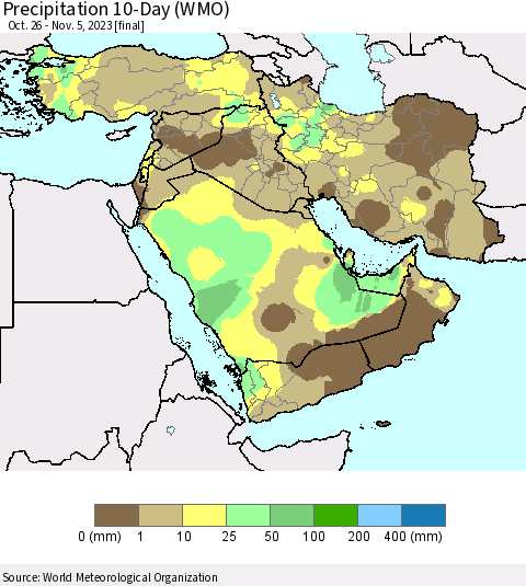 Middle East and Turkey Precipitation 10-Day (WMO) Thematic Map For 10/26/2023 - 11/5/2023