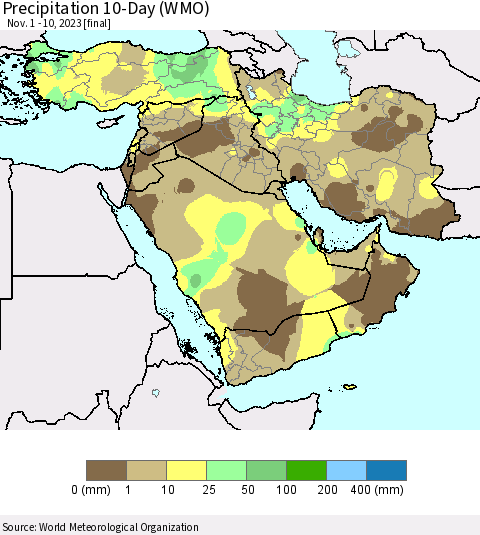 Middle East and Turkey Precipitation 10-Day (WMO) Thematic Map For 11/1/2023 - 11/10/2023