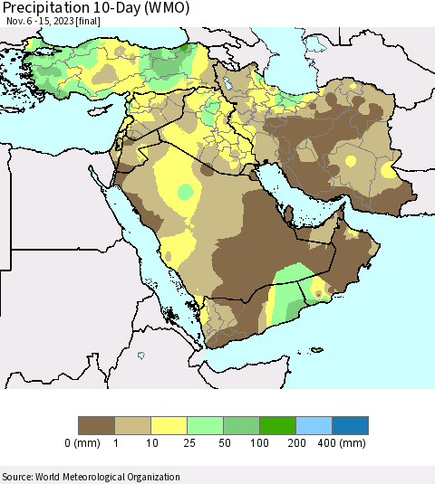 Middle East and Turkey Precipitation 10-Day (WMO) Thematic Map For 11/6/2023 - 11/15/2023