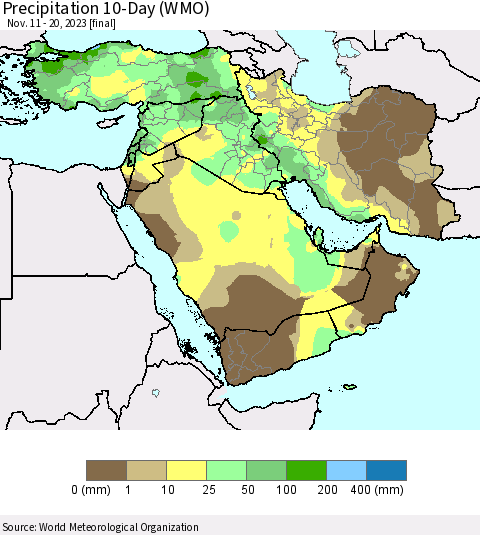 Middle East and Turkey Precipitation 10-Day (WMO) Thematic Map For 11/11/2023 - 11/20/2023