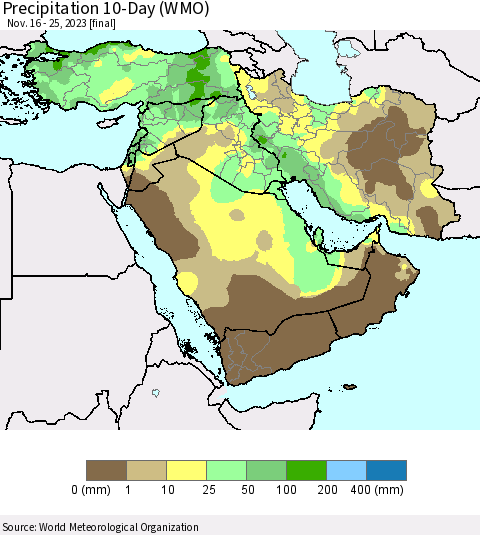 Middle East and Turkey Precipitation 10-Day (WMO) Thematic Map For 11/16/2023 - 11/25/2023