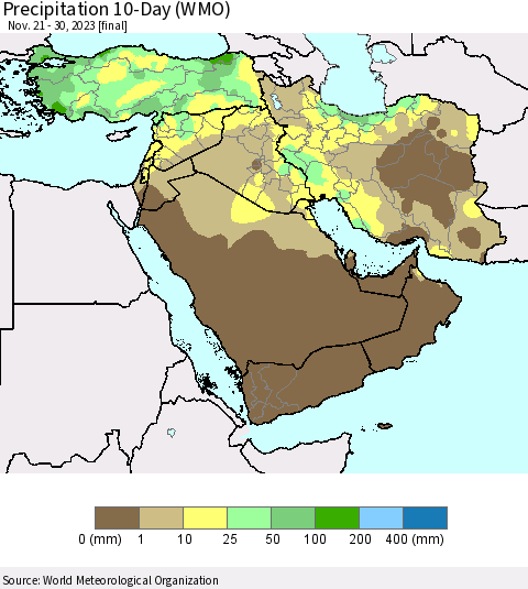 Middle East and Turkey Precipitation 10-Day (WMO) Thematic Map For 11/21/2023 - 11/30/2023