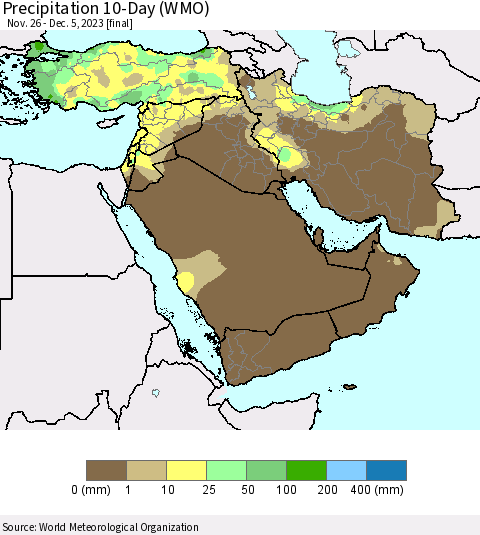Middle East and Turkey Precipitation 10-Day (WMO) Thematic Map For 11/26/2023 - 12/5/2023