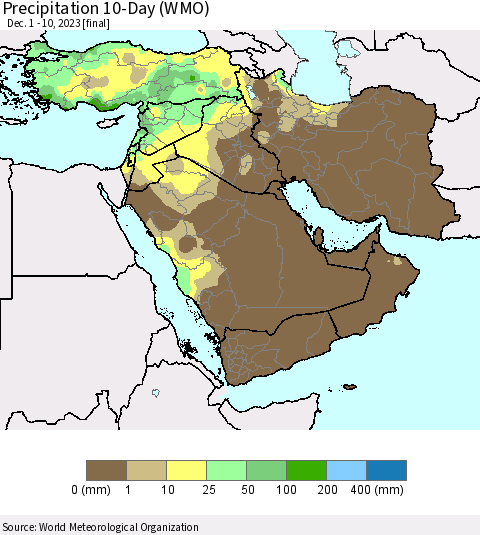 Middle East and Turkey Precipitation 10-Day (WMO) Thematic Map For 12/1/2023 - 12/10/2023