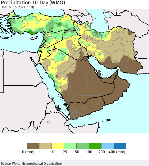 Middle East and Turkey Precipitation 10-Day (WMO) Thematic Map For 12/6/2023 - 12/15/2023