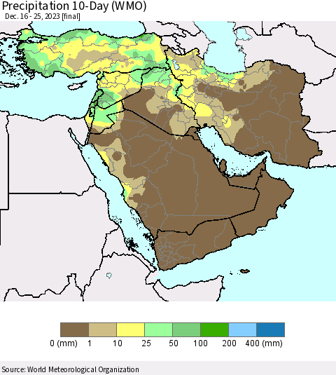 Middle East and Turkey Precipitation 10-Day (WMO) Thematic Map For 12/16/2023 - 12/25/2023