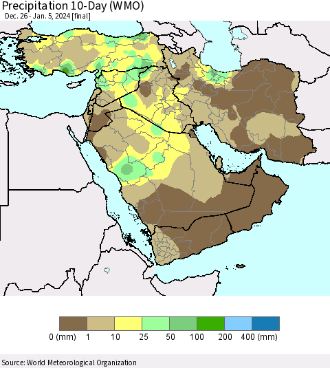 Middle East and Turkey Precipitation 10-Day (WMO) Thematic Map For 12/26/2023 - 1/5/2024