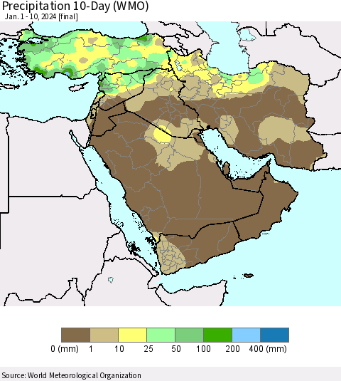 Middle East and Turkey Precipitation 10-Day (WMO) Thematic Map For 1/1/2024 - 1/10/2024