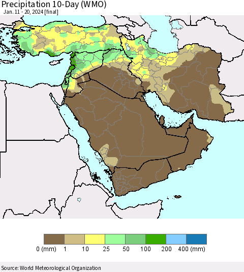 Middle East and Turkey Precipitation 10-Day (WMO) Thematic Map For 1/11/2024 - 1/20/2024