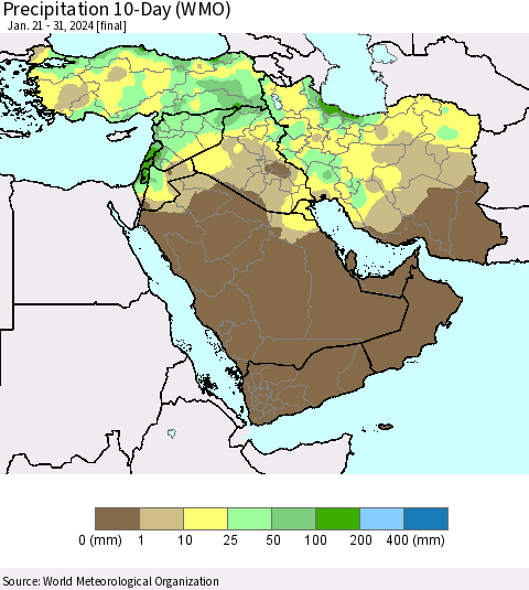 Middle East and Turkey Precipitation 10-Day (WMO) Thematic Map For 1/21/2024 - 1/31/2024