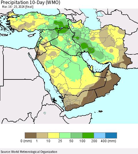 Middle East and Turkey Precipitation 10-Day (WMO) Thematic Map For 3/16/2024 - 3/25/2024