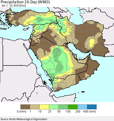 Middle East and Turkey Precipitation 10-Day (WMO) Thematic Map For 4/1/2024 - 4/10/2024