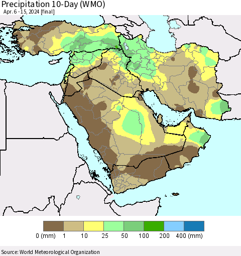 Middle East and Turkey Precipitation 10-Day (WMO) Thematic Map For 4/6/2024 - 4/15/2024