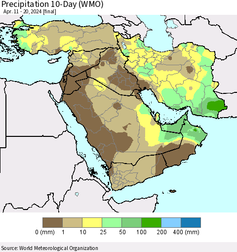 Middle East and Turkey Precipitation 10-Day (WMO) Thematic Map For 4/11/2024 - 4/20/2024