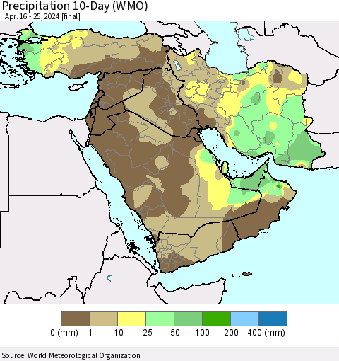 Middle East and Turkey Precipitation 10-Day (WMO) Thematic Map For 4/16/2024 - 4/25/2024