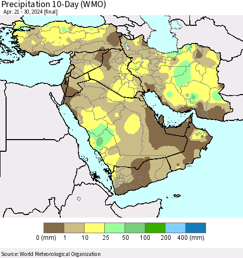 Middle East and Turkey Precipitation 10-Day (WMO) Thematic Map For 4/21/2024 - 4/30/2024