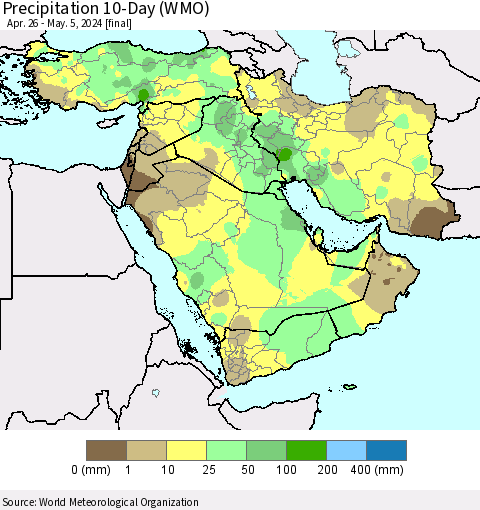 Middle East and Turkey Precipitation 10-Day (WMO) Thematic Map For 4/26/2024 - 5/5/2024