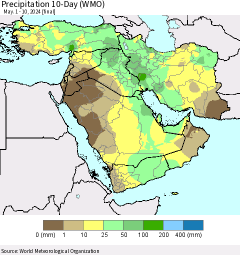 Middle East and Turkey Precipitation 10-Day (WMO) Thematic Map For 5/1/2024 - 5/10/2024