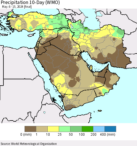 Middle East and Turkey Precipitation 10-Day (WMO) Thematic Map For 5/6/2024 - 5/15/2024