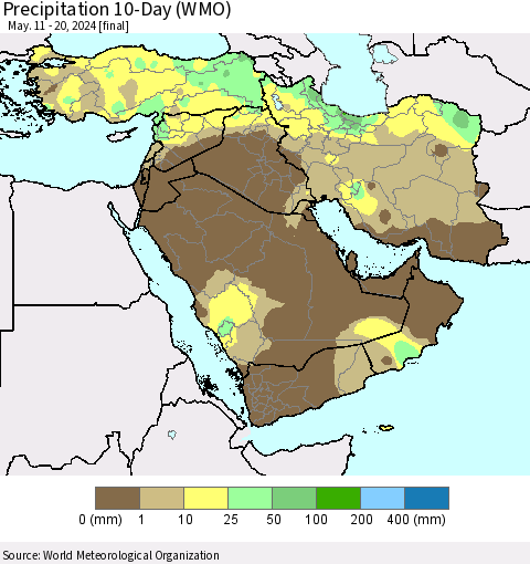 Middle East and Turkey Precipitation 10-Day (WMO) Thematic Map For 5/11/2024 - 5/20/2024