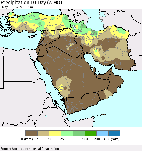 Middle East and Turkey Precipitation 10-Day (WMO) Thematic Map For 5/16/2024 - 5/25/2024