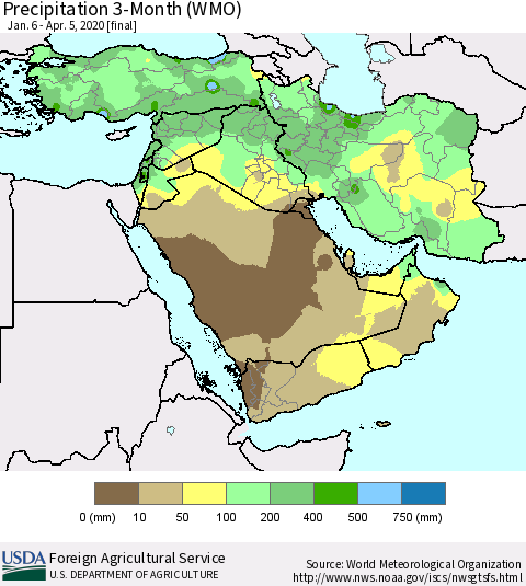 Middle East and Turkey Precipitation 3-Month (WMO) Thematic Map For 1/6/2020 - 4/5/2020