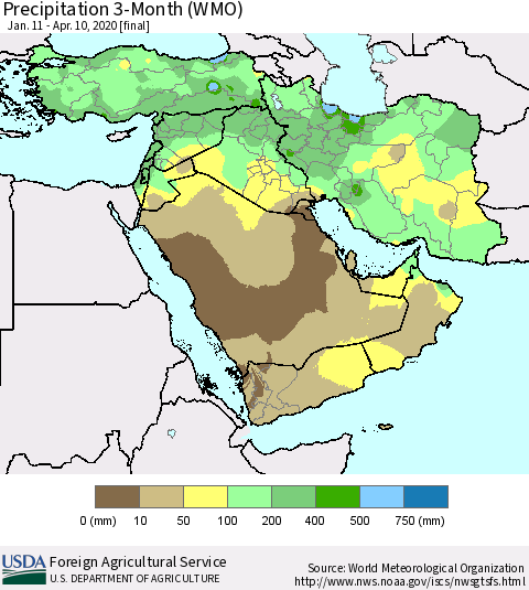 Middle East and Turkey Precipitation 3-Month (WMO) Thematic Map For 1/11/2020 - 4/10/2020