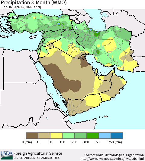 Middle East and Turkey Precipitation 3-Month (WMO) Thematic Map For 1/16/2020 - 4/15/2020