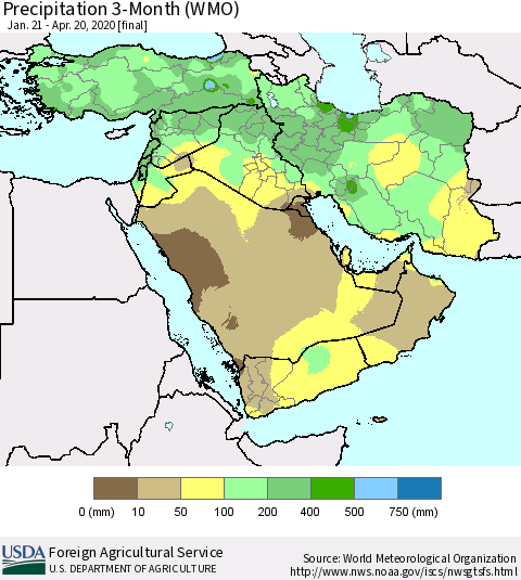 Middle East and Turkey Precipitation 3-Month (WMO) Thematic Map For 1/21/2020 - 4/20/2020