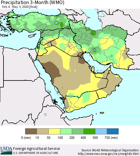 Middle East and Turkey Precipitation 3-Month (WMO) Thematic Map For 2/6/2020 - 5/5/2020