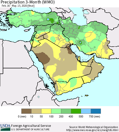 Middle East and Turkey Precipitation 3-Month (WMO) Thematic Map For 2/16/2020 - 5/15/2020