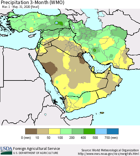 Middle East and Turkey Precipitation 3-Month (WMO) Thematic Map For 3/1/2020 - 5/31/2020