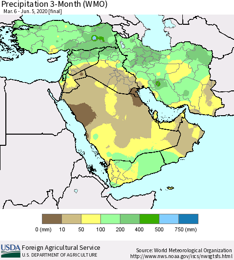 Middle East and Turkey Precipitation 3-Month (WMO) Thematic Map For 3/6/2020 - 6/5/2020