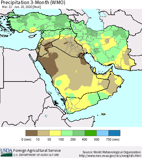 Middle East and Turkey Precipitation 3-Month (WMO) Thematic Map For 3/21/2020 - 6/20/2020