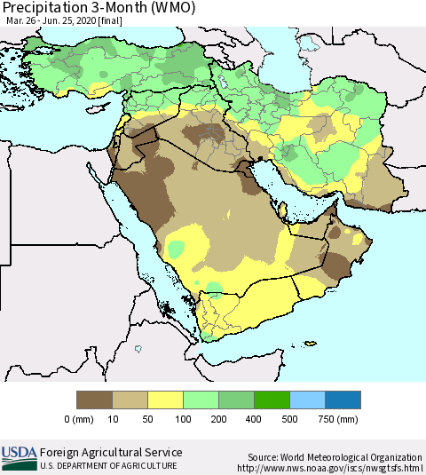 Middle East and Turkey Precipitation 3-Month (WMO) Thematic Map For 3/26/2020 - 6/25/2020