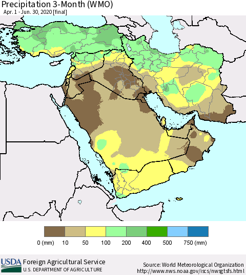 Middle East and Turkey Precipitation 3-Month (WMO) Thematic Map For 4/1/2020 - 6/30/2020
