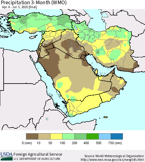 Middle East and Turkey Precipitation 3-Month (WMO) Thematic Map For 4/6/2020 - 7/5/2020