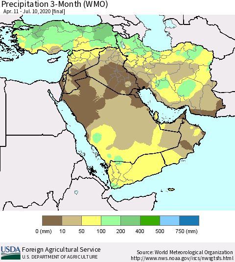 Middle East and Turkey Precipitation 3-Month (WMO) Thematic Map For 4/11/2020 - 7/10/2020