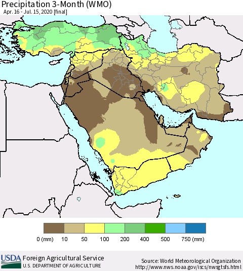Middle East and Turkey Precipitation 3-Month (WMO) Thematic Map For 4/16/2020 - 7/15/2020