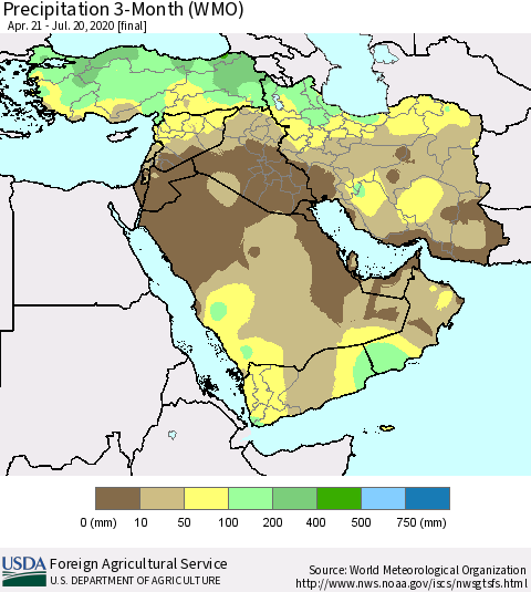 Middle East and Turkey Precipitation 3-Month (WMO) Thematic Map For 4/21/2020 - 7/20/2020