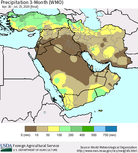 Middle East and Turkey Precipitation 3-Month (WMO) Thematic Map For 4/26/2020 - 7/25/2020